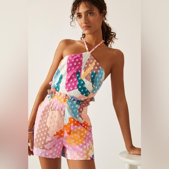 B1 NWT Anthropologie Hutch Printed Halter Romper Size 8 Color Pink Orange - Picture 1 of 7